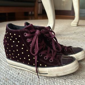 Maroon Velvet, Gold Stud, Converse Wedges. Women’s 8.